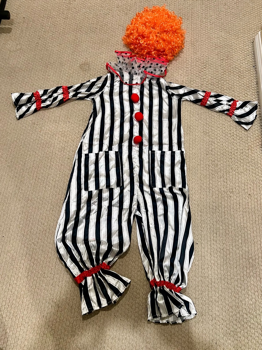 Kids Black & White Striped Clown One-Piece Costume  and orange wig